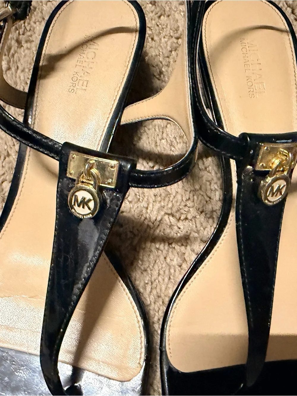 Michael Kors Sandal Bundle- Black Patent, Brown, and Cream T-Strap Trio